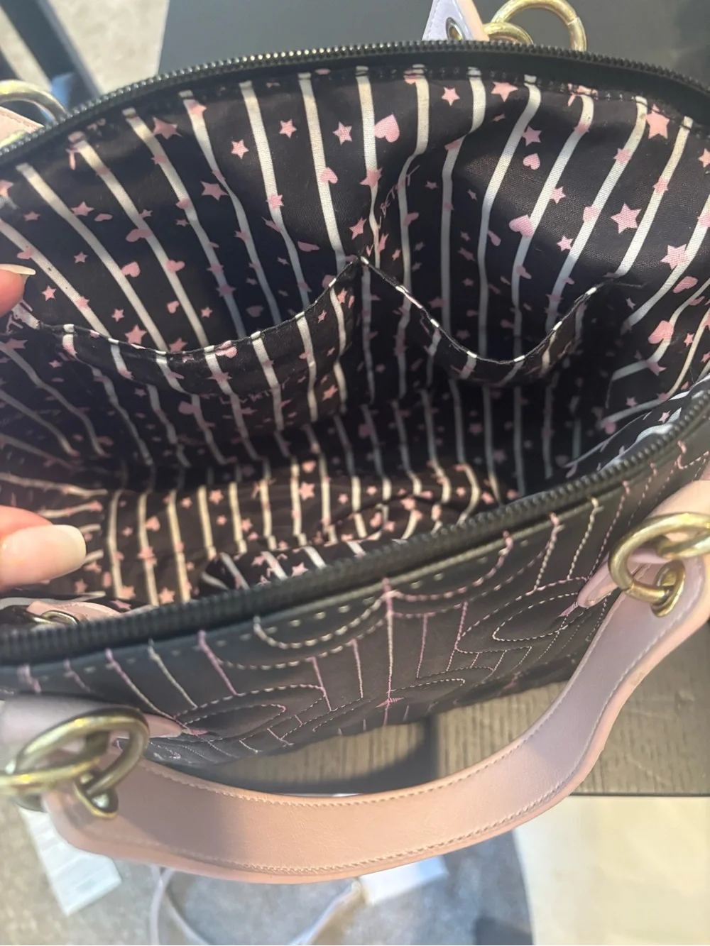 Betsy Johnson Quilted Heart Accent Tote Bag in Black and Pink